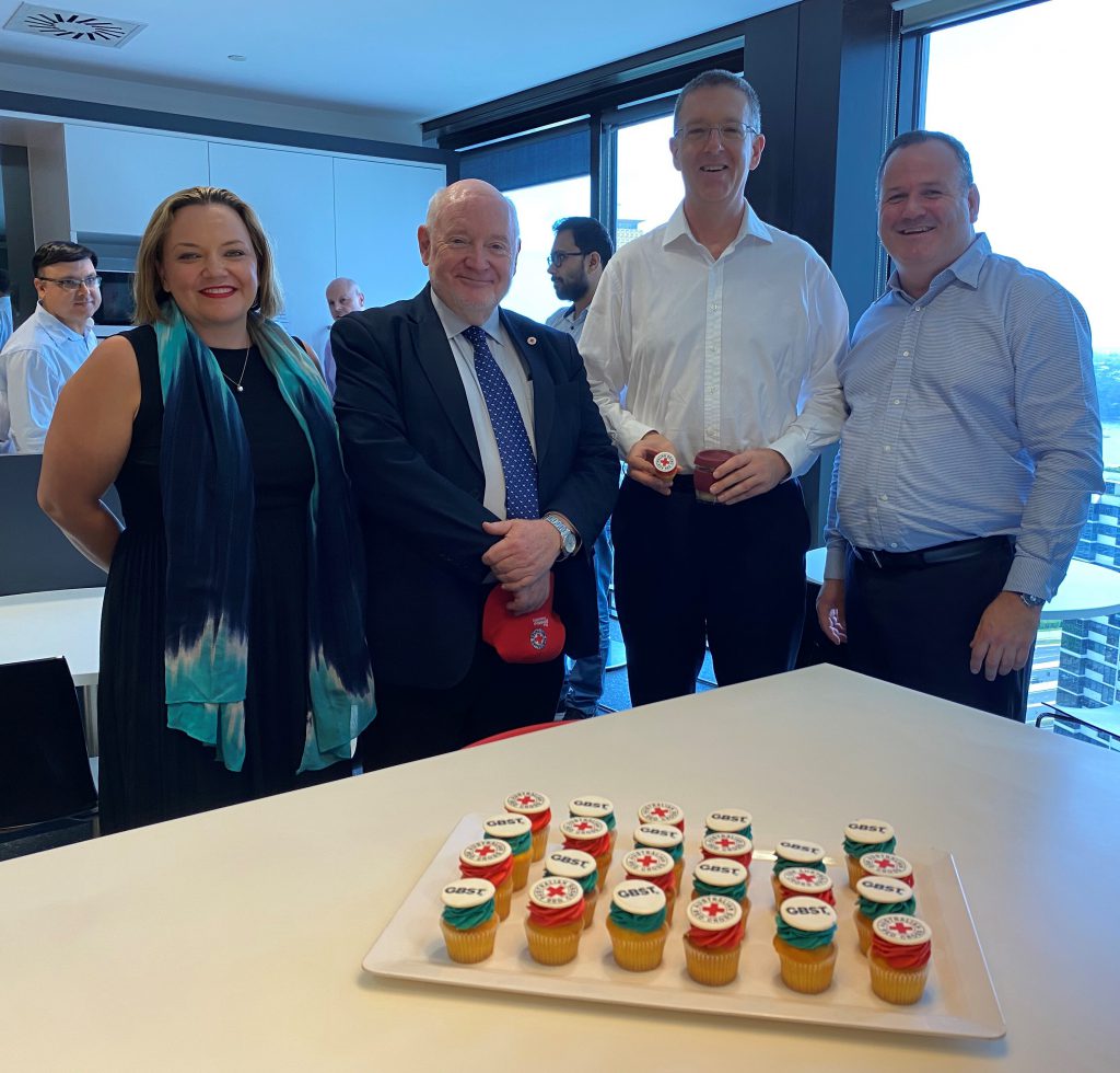 GBST Executives Belinda Armstrong (Head of Human Resources), Matthew Walton (Chief Financial Officer) and Denis Orrock (Head of APAC) with Chris Herron from Red Cross.